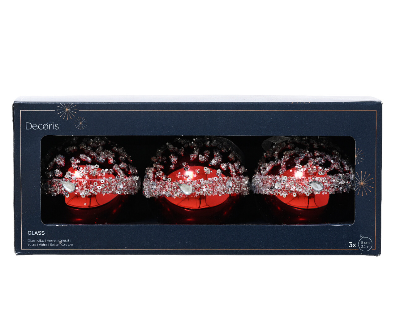 Set 3 globuri Spangles on top, Decoris, 8 cm, sticla, rosu - imagine 3